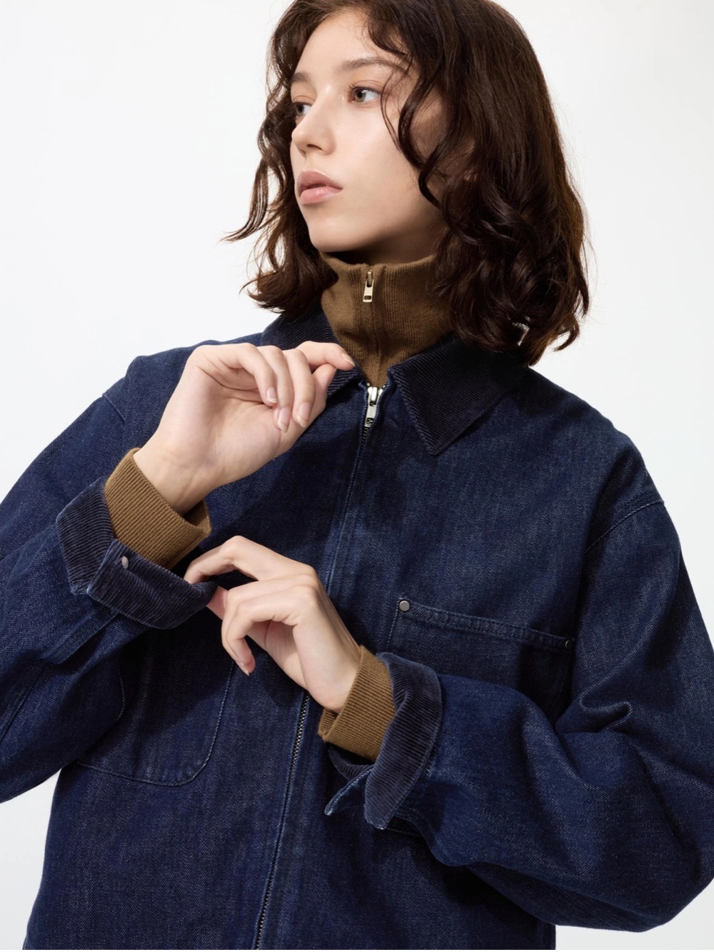 Uniqlo zip-up short jacket in navy/rinse/dark denim - new with tags - Picture 6 of 10